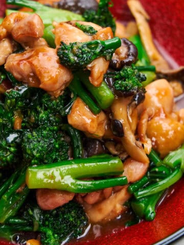 A red plate holds verdant broccolini and tender chicken.