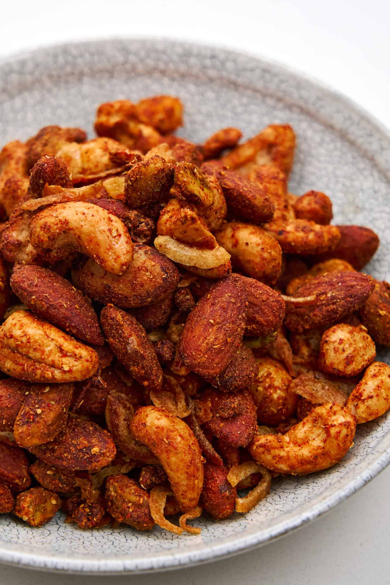 Closeup shot of spicy mala nuts.