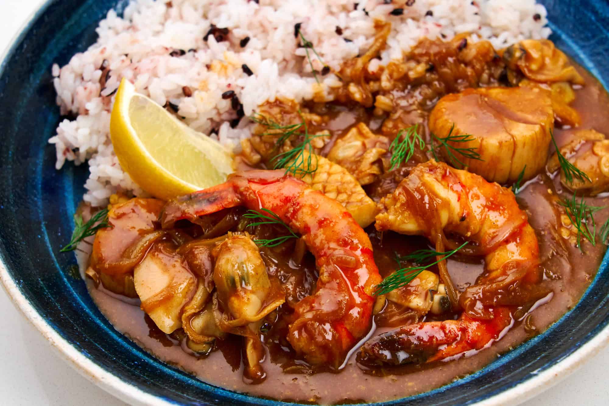 Japanese seafood curry served with rice.