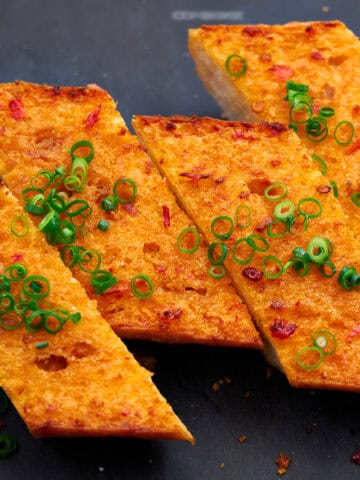 Golden baked slices of mala garlic bread ready to devour.