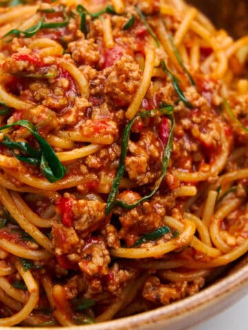 Sichuan Speghetti in a wooden bowl.