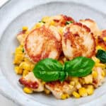 Warm Corn Salad with Basil and Scallops.
