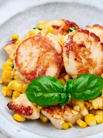 Warm Corn Salad with Basil and Scallops.