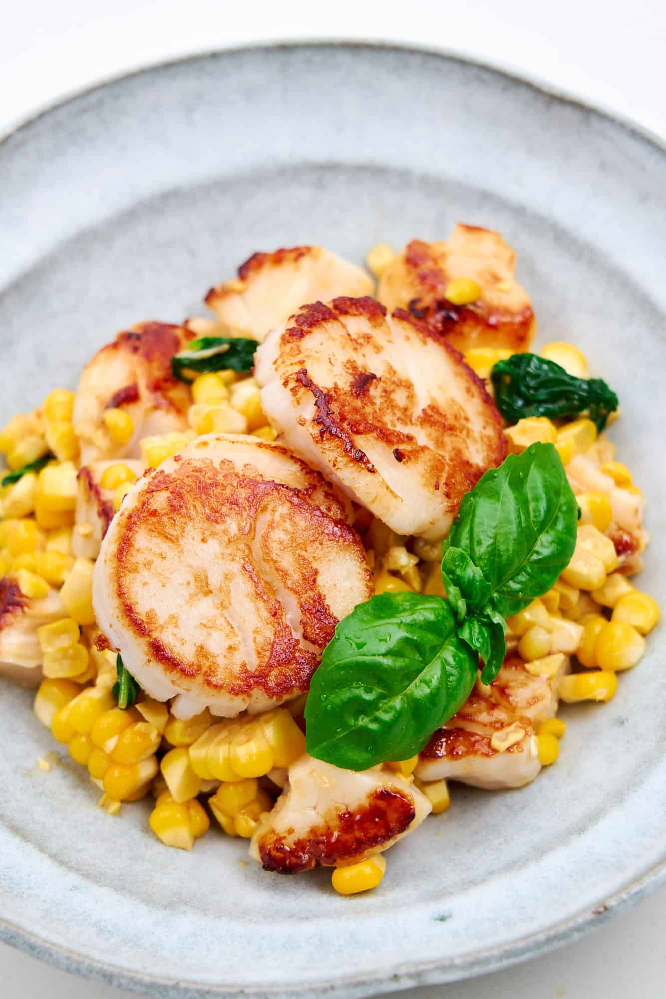 Warm Corn Salad with Basil and Scallops.
