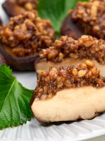 Savory rich stuffed shiitake mushrooms.