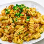 A plate piled high with Curry Pasta Salad.