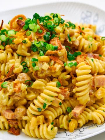 A plate piled high with Curry Pasta Salad.