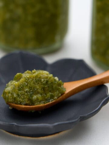 A spoonful of spicy, piquant green chili paste.
