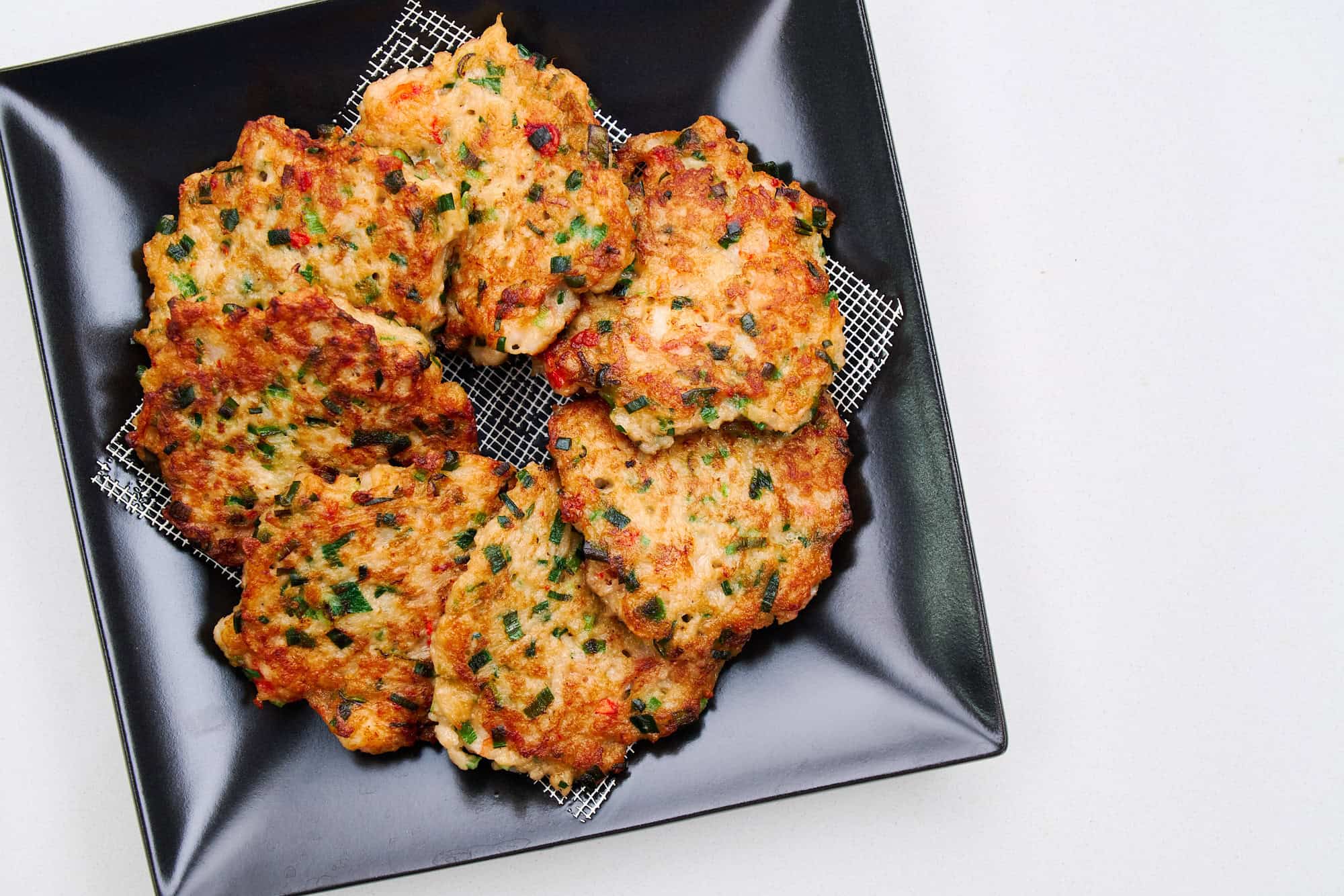 Crispy, golden Savory Shrimp and Lotus Root Pancakes.